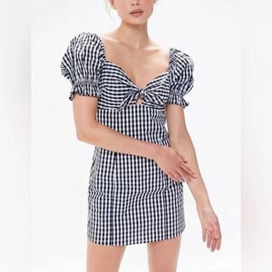 Urban Outfitters black white gingham plaid puff sleeve cotton mini dress size S